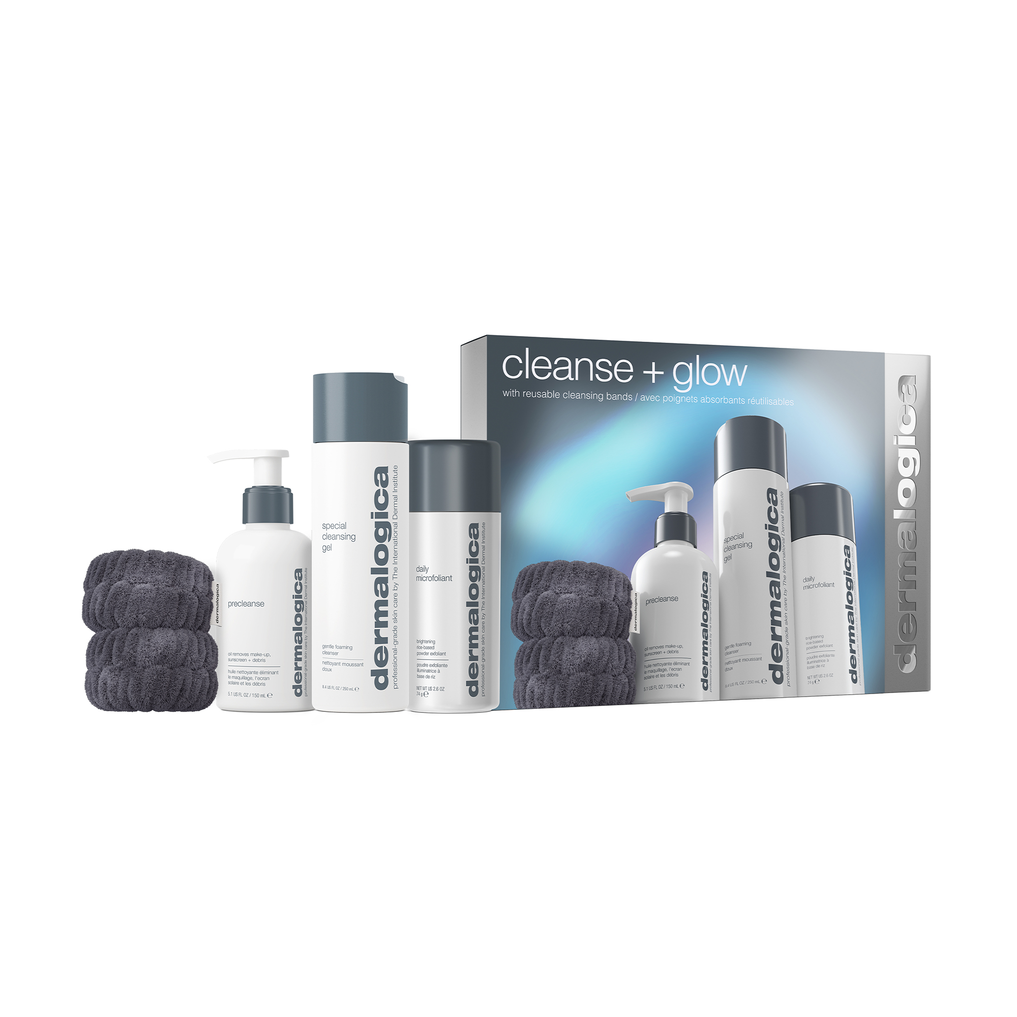 Набір для обличчя Dermalogica Cleanse + Glow (Precleanse, 150 мл + Special Cleansing Gel, 250 мл + Daily Microfoliant, 74 г + резинки)
